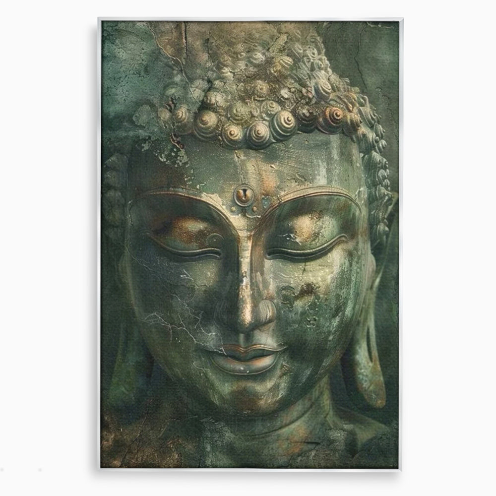 Tablou canvas cu tablou canvas cu portretul lui buddha, in rama de aluminiu argintiu